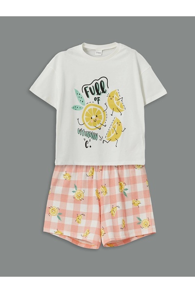 LC Waikiki Set de pijamale pentru fete LCW Kids ECRU Crew Deck cu pantaloni s...