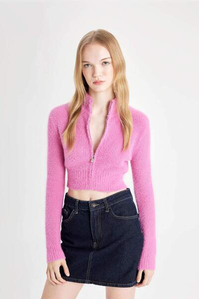 DeFacto Coool Crop Basic Πλεκτό Ζακέτα με φερμουάρ ψηλός λαιμός C6298AX24WN