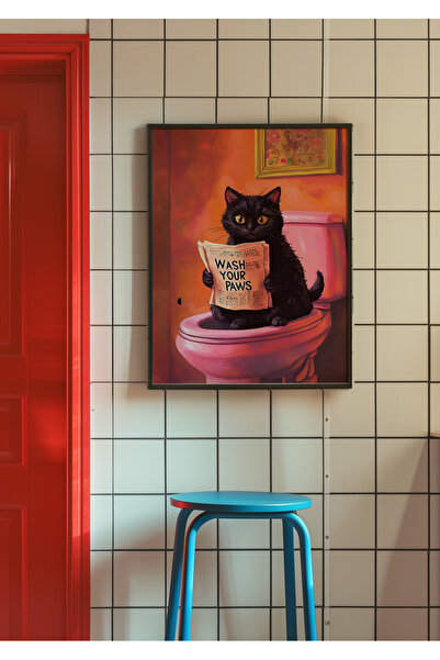 DES VU PRINT Wash Your Paws, Kedi Temalı Çerçevesiz Poster, Banyo Kedi Temalı...