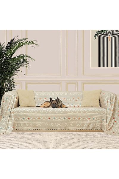Mu Art Ahşap Mrt Concept Softmicro Boho Ethnic Patterned Microfiber Sofa Cover and Throw, Non-Slip Beige 180X300 C
