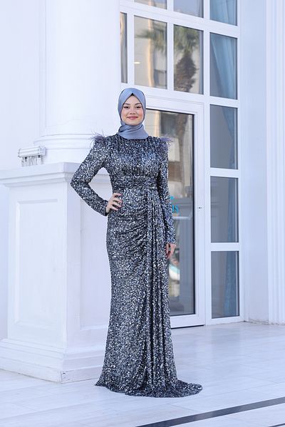 Modarafta Beaded Sequin Sequin Tulle Detailed Şura Hijab Evening Dress