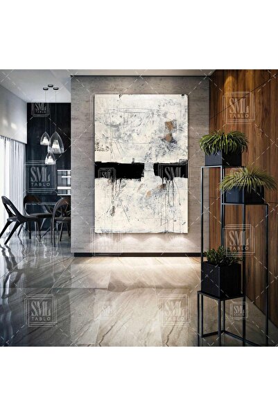 SML TABLO Siyah Beyaz Krem Abstract Dokusal Modern Şekiller Dekor Dikey Kanva...