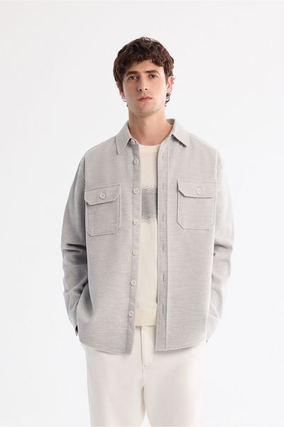 Avva Men's Gray Classic Lapel Clamshell Shirt Jacket A42Y2129