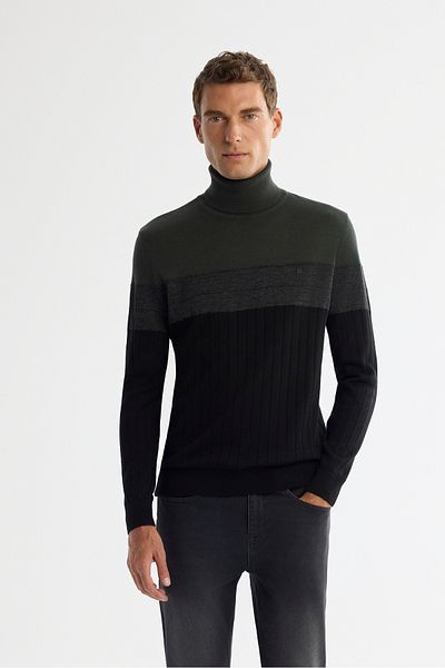 Avva Men's Khaki Full Turtleneck Block Color Woolen Sweater A42Y5013