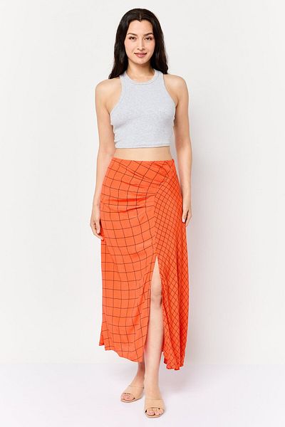 Esprit Women Windowpane Pattern Midi Skirt, Dark Orange