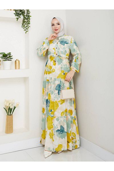 QUAWEAR Round Crew Neck Waist Lace up Shirred Full Length Dress