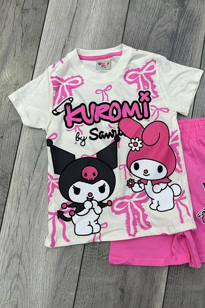 eQru Store Kuromi Printed White T-Shirt and Pink Color Shorts Set for Girls
