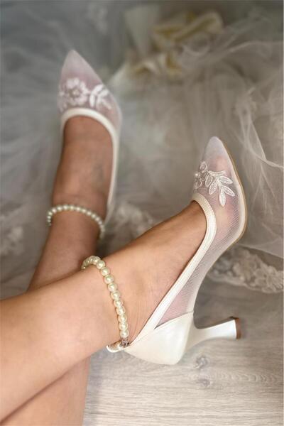 LİNEER Kadın Kırık Beyaz 7 cm Kadeh Topuklu Tül File Dantelli Şık Gece Davet ...