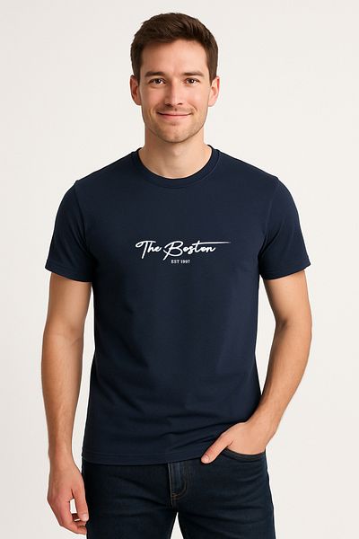 Let's Wear Ανδρικό μπλουζάκι Boston Printed από 100% οργανικό βαμβάκι Basic χτενισμένο βαμβακερό μπλουζάκι Navy Blue