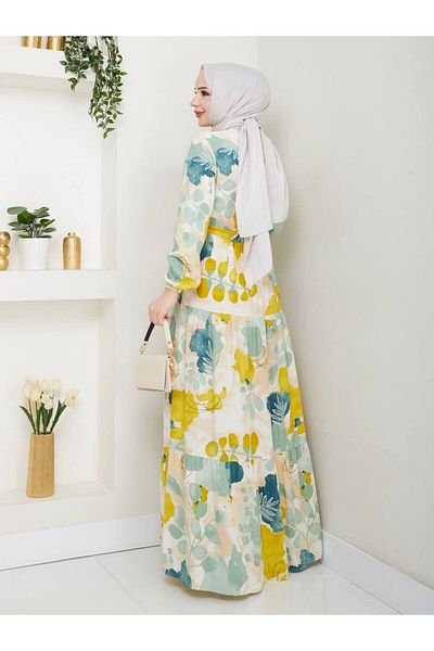 QUAWEAR Round Crew Neck Waist Lace up Shirred Full Length Dress
