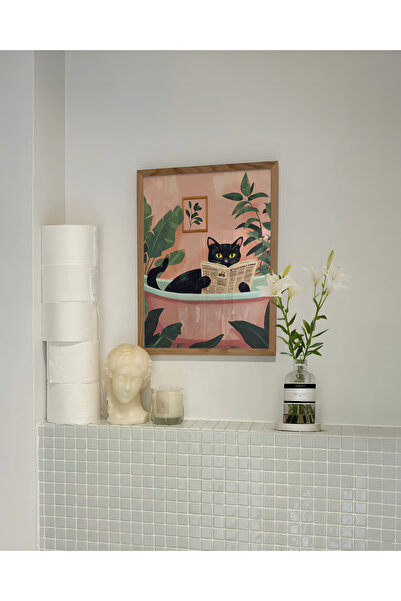DES VU PRINT Küvette Gazete Okuyan Kedi Posteri, Kedi Posteri, Banyo Temalı Ç...