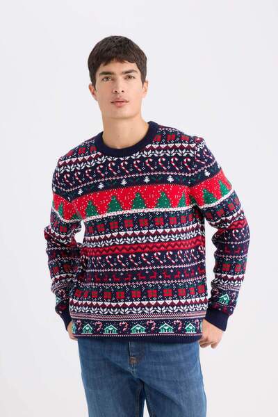 DeFacto Standard Fit Christmas Themed Crew Neck Sweater D5485Ax24Wn