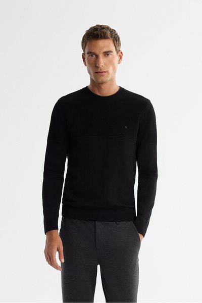 Avva Men's Black Crew Neck Double Collar Detailed Textured Cotton Knitwear Sweater A42Y5190