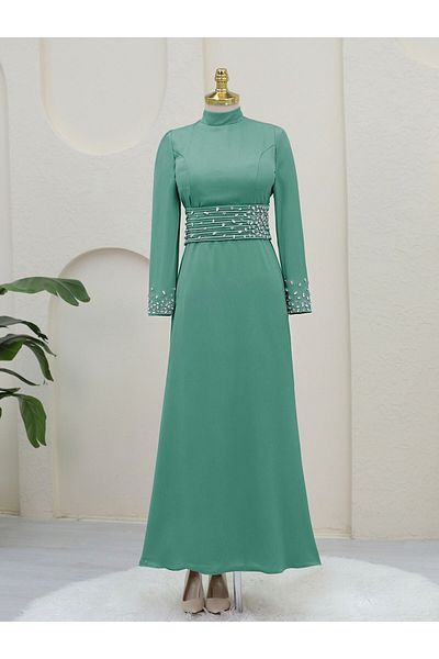 HİJABAYA Corset Belted Stone Satin Evening Dress