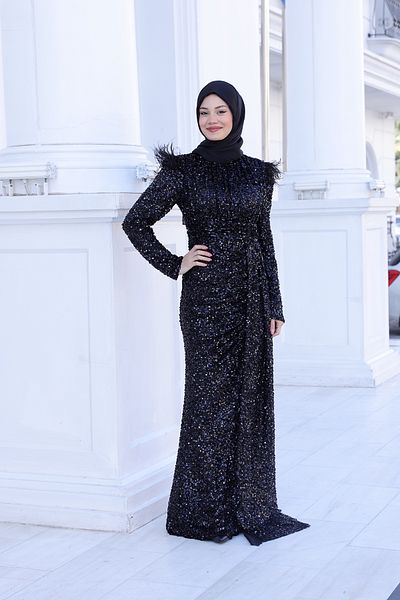 Modarafta Beaded Sequin Sequin Tulle Detailed Şura Hijab Evening Dress