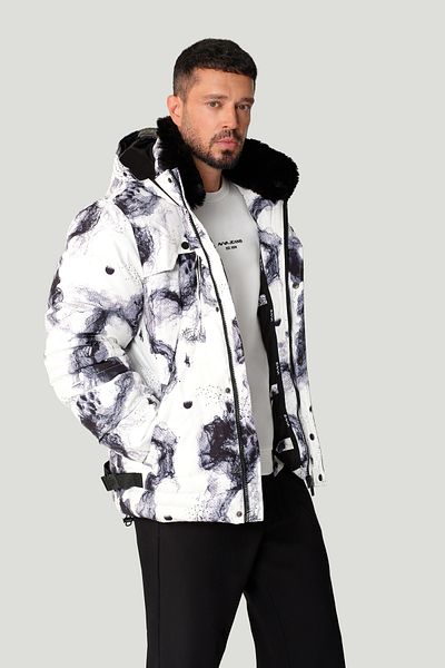 Avva Men's Black-White Hooded Ski Coat - Water Repellent, Windproof, Fur Detail A42Y6088
