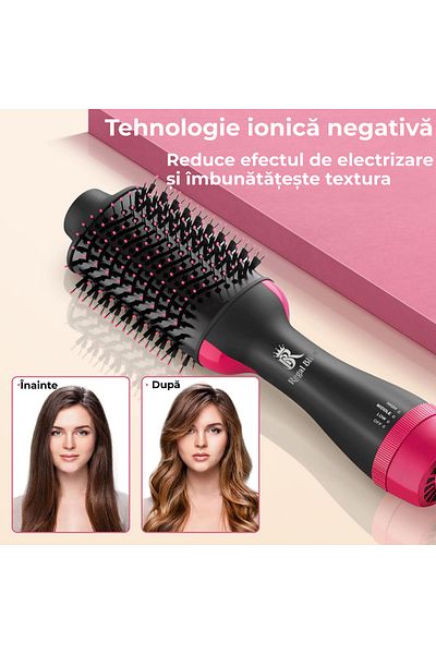 Regal Bliss Perie electrică Regal Bliss®, 4 în 1, turmalină, ionizare, 1000W, 3 trepte aer cald/rece, Negru-Roz