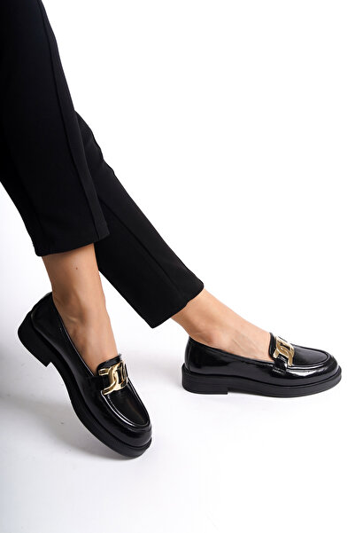 GRADA Hakiki Deri Rugan Loafer Siyah Ayakkabı Kadın Altın Metal Tokalı Rugan Deri Mokasen Loafer Ayakkabı