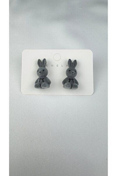 lilith accesuary Özel Tasarım, Peluş Tavşanlı Küpe, Çift Küpe, Gri Peluş Küpe