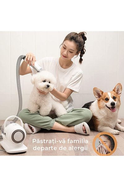 Fish & Paws Mașină de tuns Fish & Paws®, 5 în 1, aspirator, 3 viteze, 5 capete, 1L, pentru câini și pisici, Alb