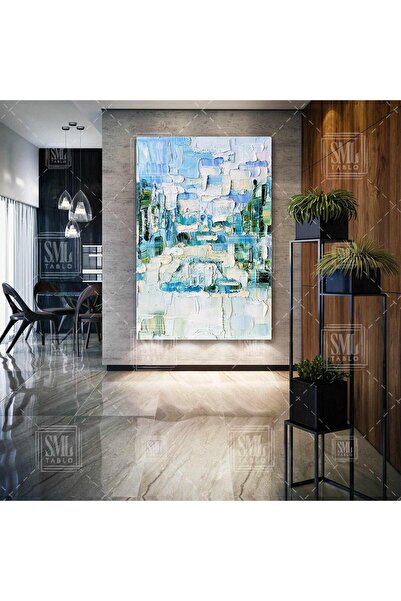 SML TABLO Nuanțe de albastru, pictură pe pânză verticală, cu urme de vopsea d...