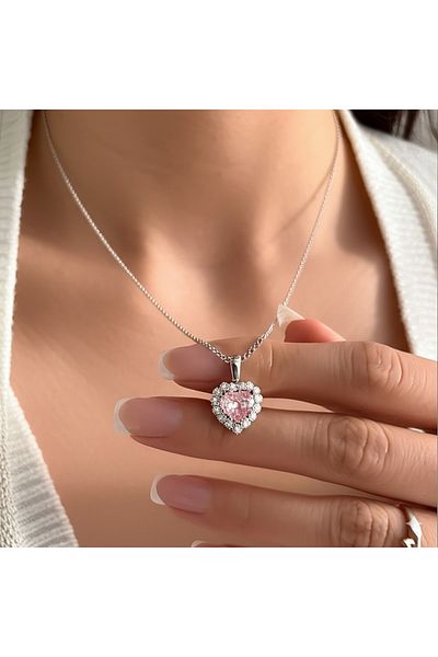 Esra Butik Hane Sparkling Steel Silver Pink Heart Necklace – Zircon Stone, Does Not Tarnish, Stylish Women's Jewelry