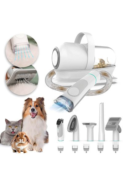 Fish & Paws Mașină de tuns Fish & Paws®, 5 în 1, aspirator, 3 viteze, 5 capete, 1L, pentru câini și pisici, Alb