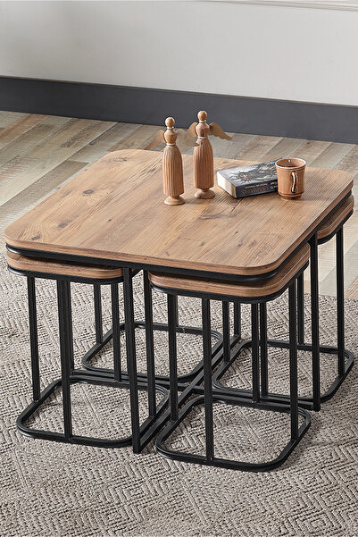 Tandoğan Mobilya 5 Li Sehpa (KURULUM GEREKTİRMEZ) 4 1 Antik Çam Ahşap Siyah M...