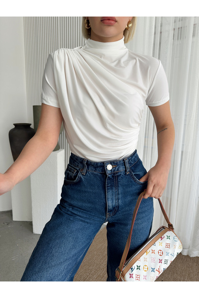 peralist Γυναικεία Λευκή Μπλούζα ψηλός λαιμός λεπτομέρεια με σούρες ελαστικό ύφασμα Σαντί