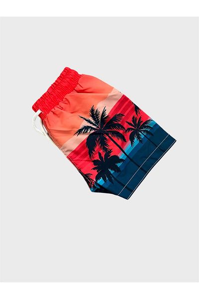 ALİŞ KİDS Boy's Red Palm Patterned Drawstring Swim Shorts