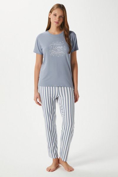 Ritnice Women's Time Soft Texture Gray Striped Crew Neck Short Sleeve Bottom Top Pajama Set