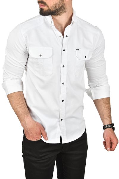 Rizz up Мъжка тъмносиня спортна риза Slim Fit Easy Iron от памучен деним с ликра 2502505