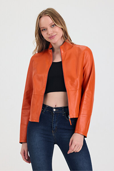 Orkır collection سترة جلدية نسائية من جلد الأغنام الأصلي باللون البرتقالي على...