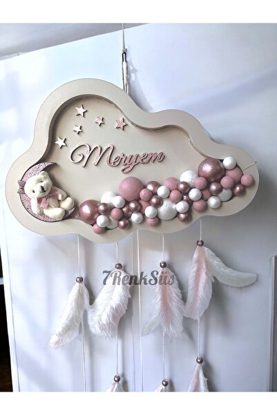 7Renk Kişiye Özel Işıklı Bulut Kapı Süsü – Ayıcıklı İsimli Bebek Odası Dekoru Kız Bebek Kapı Panosu