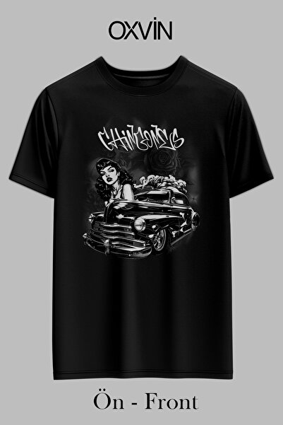 OXVİN Tricou negru REGULAR pentru femei cu imprimeu vintage auto în stil chicano