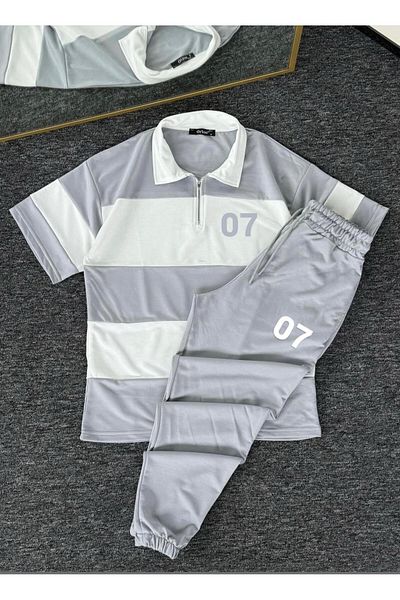 woonkey Unisex Oversized 07 Printed Striped Half Zip Polo Collar Track Suit Cotton Set of 2