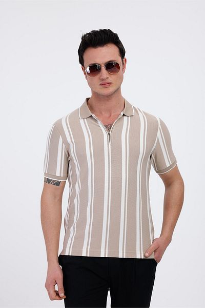 Decas LUXOR Polo Neck ριγέ βαμβακερό μπλουζάκι - Μπεζ
