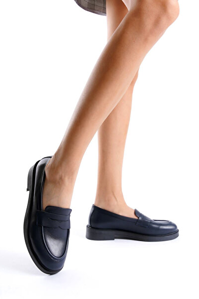 GRADA Hakiki Deri Kadın Lacivert Loafer Ayakkabı İçi Dışı Gerçek Deri Laci Günlük Mokasen Ayakkabısı