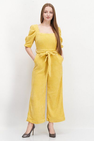 En Saison Women Square Neck Belted Jumpsuit, Yellow