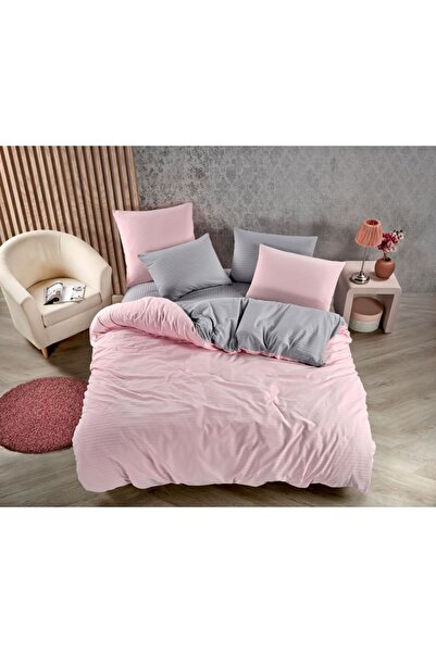 Beğenal Set de lenjerie de pat dublu din satin cu dungi (ROZ-GRI).