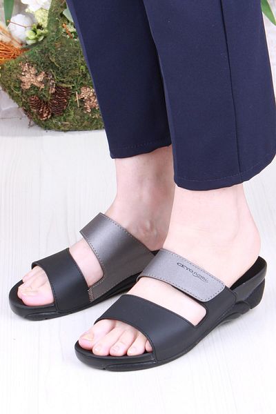 Ceyo Venice-15 Black Velcro Detailed Orthopedic Women's Slippers