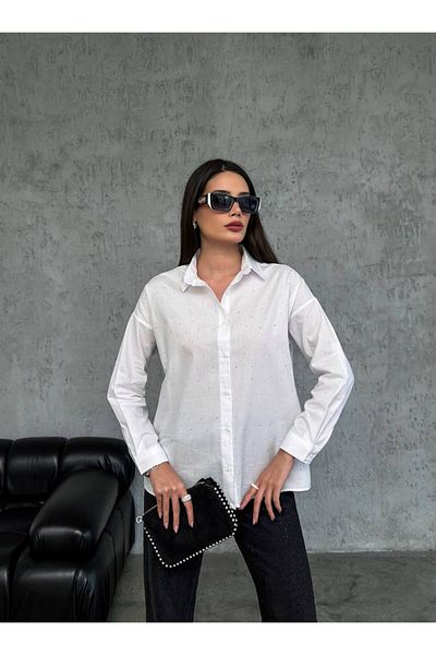 JESSE STORY Women's Black Black Stone Oversize Shirt Poplin Cotton Fabric