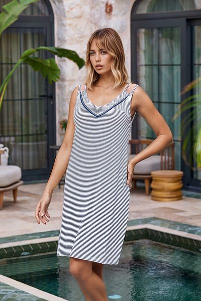 White Velvet Rochie de damă din viscoză bleumarin cu dungi pentru acasă/plajă