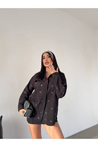 JESSE STORY Kadın Kalpli Taş Aksesuarlı Oversize Gömlek Poplin Kumaş (%100 Pa...