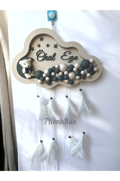 7Renk Kişiye Özel Işıklı Bulut Kapı Süsü İsimli Bebek Odası Dekoru Yeşil Erke...