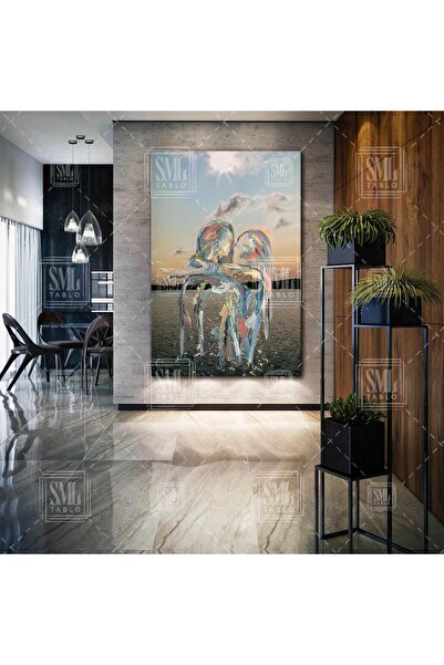 SML TABLO Birbirine Sarılmış Öpüşen Çift Soyut Sanat Doğa Manzara Dikey Kanva...