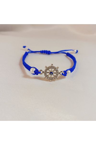 Crystal Atelier Unisex Zircon Stone Evil Eye Bead Rudder Figured Baroque Pearl Bead Blue Drawstring Macrame Braided Bracelet