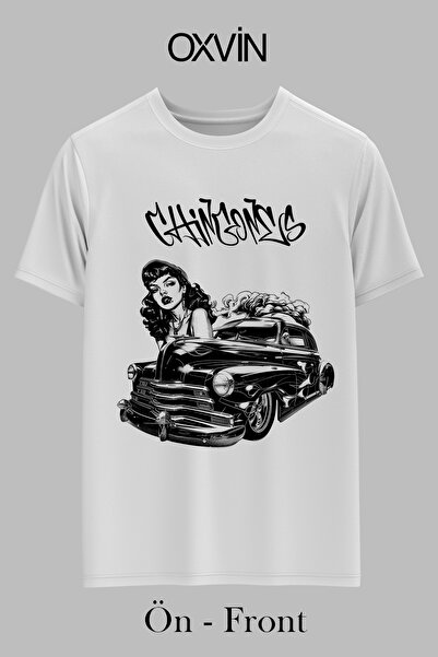 OXVİN Μαύρο γυναικείο μπλουζάκι Chicano Style Vintage Automobile Printed REGULAR