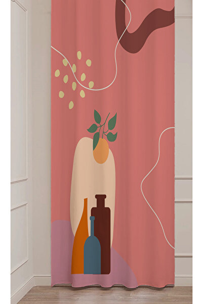 GREENDECOR Bohemian Flower Leaf Vase Sun Orange Patterned Special Design Digital Printed (Single Wing) Background Curtain