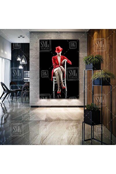 SML TABLO Kırmızı Elbiseli Sandelye Üzerinde Oturan Seksi Kadın Dikey Kanvas ...